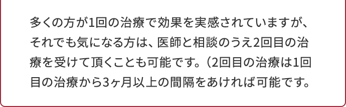 多くの方が1回の治療で効果を実感されていますが、それでも気になる方は、医師と相談のうえ2回目の治療を受けて頂くことも可能です。（2回目の治療は1回目の治療から3ヶ月以上の間隔をあければ可能です。