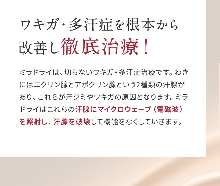 ワキガ・多汗症を根本から改善し徹底治療！ ミラドライは、切らないワキガ・多汗症治療です。わきにはエクリン腺とアポクリン腺という2種類の汗腺があり、これらが汗ジミやワキガの原因となります。ミラドライはこれらの汗腺にマイクロウェーブ（電磁波）を照射し、汗腺を破壊して機能をなくしていきます。