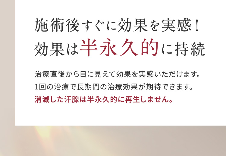 施術後すぐに効果を実感！効果は半永久的に持続 治療直後から目に見えて効果を実感いただけます。1回の治療で長期間の治療効果が期待できます。消滅した汗腺は半永久的に再生しません。