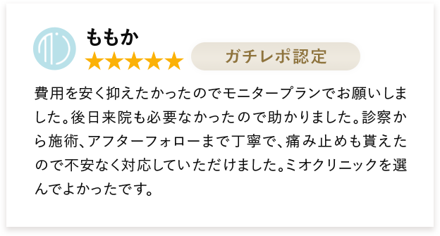 ももか 費用を安く抑えたかったのでモニタープランでお願いしました。後日来院も必要なかったので助かりました。診察から施術、アフターフォローまで丁寧で、痛み止めも貰えたので不安なく対応していただけました。ミオクリニックを選んでよかったです。