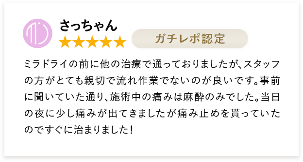 さっちゃん ミラドライの前に他の治療で通っておりましたが、スタッフの方がとても親切で流れ作業でないのが良いです。事前に聞いていた通り、施術中の痛みは麻酔のみでした。当日の夜に少し痛みが出てきましたが痛み止めを貰っていたのですぐに治まりました！