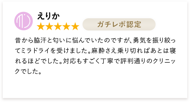 えりか 昔から脇汗と匂いに悩んでいたのですが、勇気を振り絞ってミラドライを受けました。麻酔さえ乗り切ればあとは寝れるほどでした。対応もすごく丁寧で評判通りのクリニックでした。